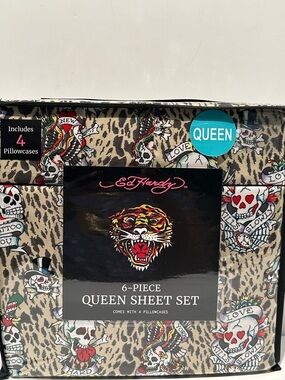 NWT Ed Hardy Tattoo Art 6 Piece Queen Sheet Set with 4 Pillowcases.